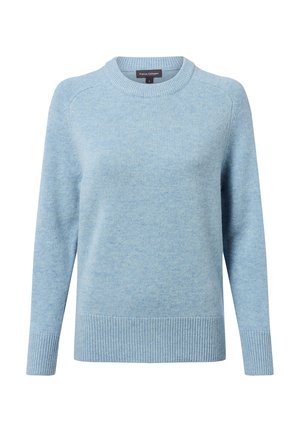 Light blue sweater made of soft fabric with a crew neckline, ribbed cuffs, and hem. Features a subtle texture throughout.