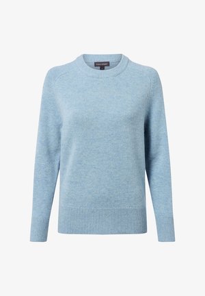 Hellblauer Pullover aus weichem Stoff mit Rundhalsausschnitt, gerippten Bündchen und Saum. Verfügt über eine dezente Textur im gesamten Kleidungsstück.