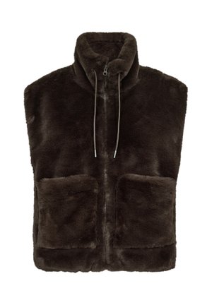 Donkerbruine mouwloze nepbontvest met rits aan de voorkant, hoge kraag, trekkoorden en twee grote voorzakken.
