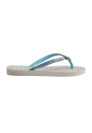 Infradito singolo azzurro chiaro e beige con cinturino glitterato e soletta decorata, mostrato di lato su sfondo bianco.