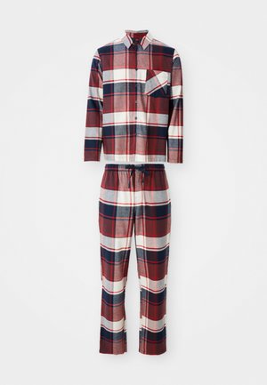 Long-sleeve button-up plaid shirt with pocket and matching plaid pants in red, navy, white, and gray tones.