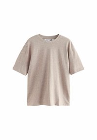 Beige t-paita lyhythihainen, jossa on klassinen pyöreä kaula-aukko. Valmistettu pehmeästä puuvillasekoitteesta, jossa on väljä malli eikä näkyviä kuvioita tai yksityiskohtia.