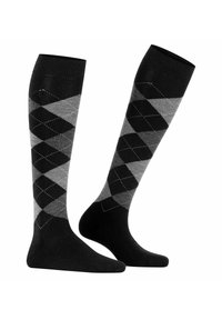 Skarpetki sięgające do kolan w czarno-szary wzór argyle z diamentowymi kształtami, wykonane z miękkiego, elastycznego materiału. Akcentowane białym szyciem.