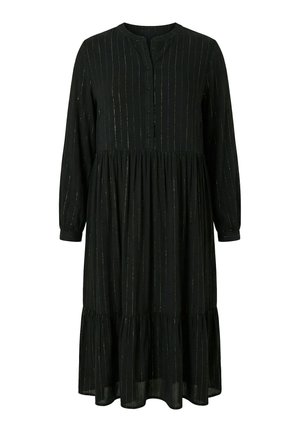 Zwarte midi-jurk met lange mouwen, subtiele verticale metalen strepen, ronde hals, knoopsluiting aan de voorkant, een getailleerde taille en een geplooide zoom.