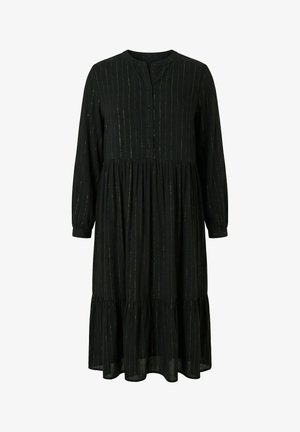 Sort langærmet midikjole med subtile lodrette metalliske striber, rund halsudskæring, knaplukning foran, samlet talje og lagdelt skørt kant.