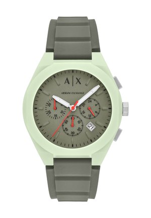 Green and light mint watch with a silicone strap, analog face, three subdials, white and red accents, and a date display.