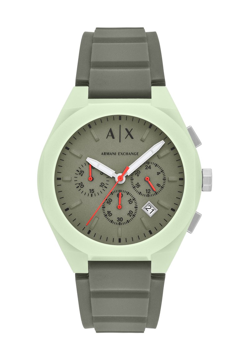 Green and light mint watch with a silicone strap, analog face, three subdials, white and red accents, and a date display.