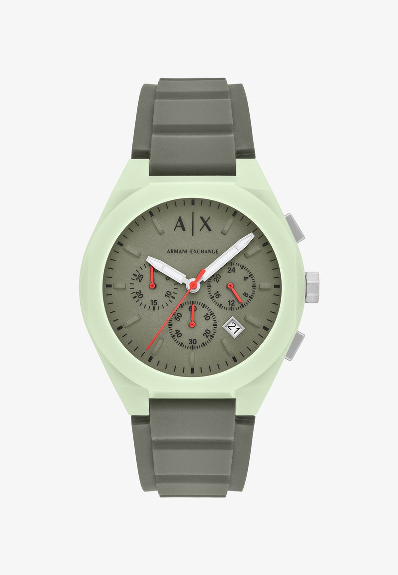 Ceas verde și mentă deschisă cu curea din silicon, față analogică, trei subdiale, accente albe și roșii și afișaj pentru dată.