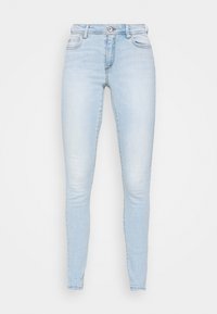 Ljusblå skinny jeans i denim, med fem fickor, knappstängning och en slät yta med lätt blekning.
