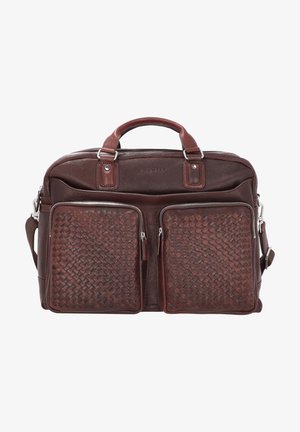 Brown leather briefcase with a textured woven design on front pockets, double handles, shoulder strap, and silver-tone hardware accents.