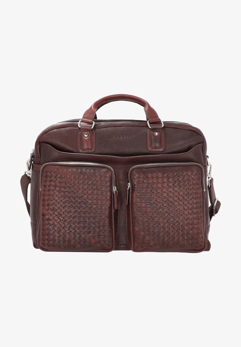 Sac en cuir marron avec un design tissé texturé sur les poches avant, doubles poignées, bandoulière et accents en métal argenté.
