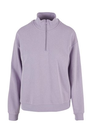 Pullover in morbido tessuto violaceo con zip a metà. Presenta un colletto alto e polsini a costine, offre una vestibilità comoda. Texture liscia.
