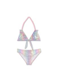 Ensemble bikini en matériau holographique aux couleurs pastel, avec des accents à volants sur le haut et un détail noué à l'avant.