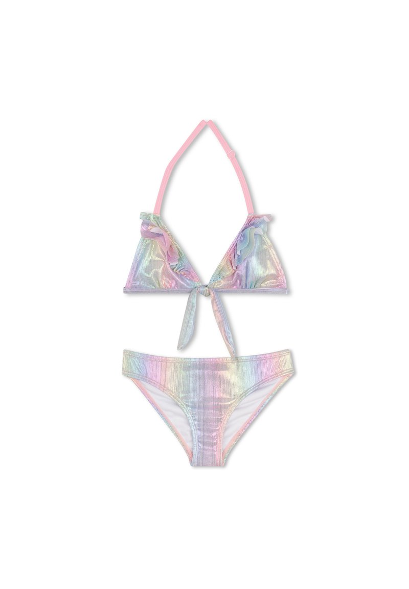 Ensemble bikini en matériau holographique aux couleurs pastel, avec des accents à volants sur le haut et un détail noué à l'avant.