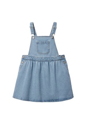 Robe salopette en denim bleu clair avec bretelles réglables, poche poitrine avant, boutons sur les côtés et jupe froncée.