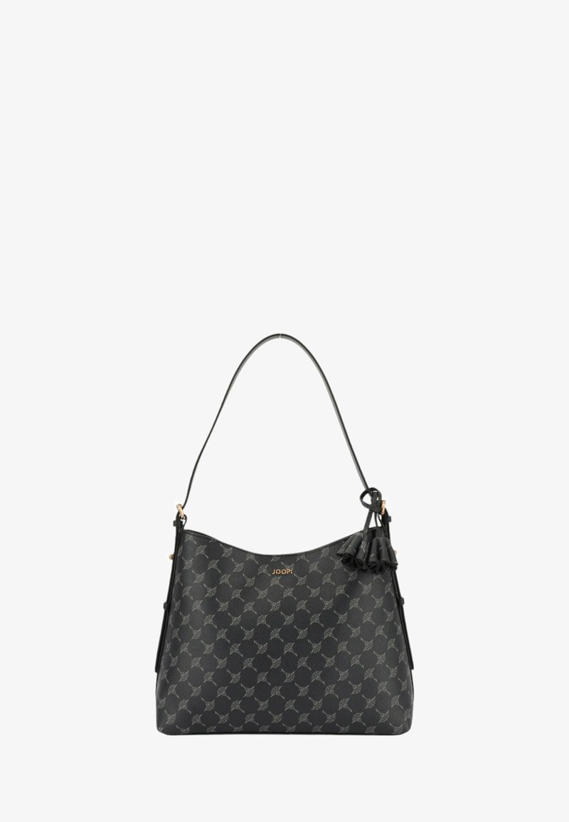 Czarna torebka na ramię z wzorem, wykonana z materiału syntetycznego, z zaokrąglonym wierzchem, złotym logo i dekoracyjnymi frędzlami.