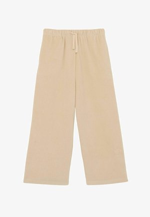 Beiget leveälahkeiset ribbineulotut housut, joissa on joustava vyötärönauha ja etuvetoketju, suunniteltu rentoon käyttöön.