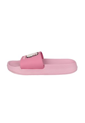 Pink slide sandal with textured sole and strap featuring a white and pink cartoon character decoration on top.
