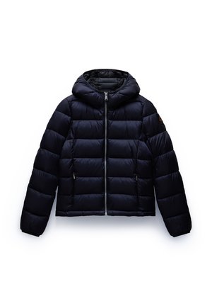 Donkerblauwe pufferjack met een capuchon, gestikt ontwerp, voorste ritssluiting en twee zijzakken. Gladde, glanzende buitenstof.