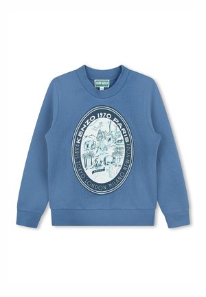 Modrá dlouhý rukáv mikina Kenzo s oválným motivem zobrazujícím slony, palmy a názvy měst: Paříž, Tokio, Londýn, Milán, New York.