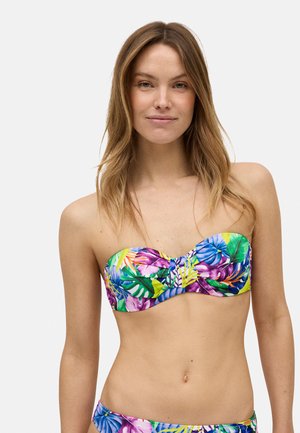 Top de bikini tipo bandeau con un estampado floral tropical en colores vibrantes, tejido suave y detalle fruncido en la parte delantera. Sin tirantes.