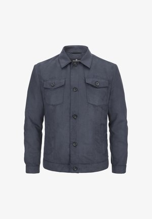 Marineblaue Jacke aus glattem Material mit Knopfverschluss, zwei Brusttaschen und einem klassischen Kragen, mit einem geraden Schnitt.