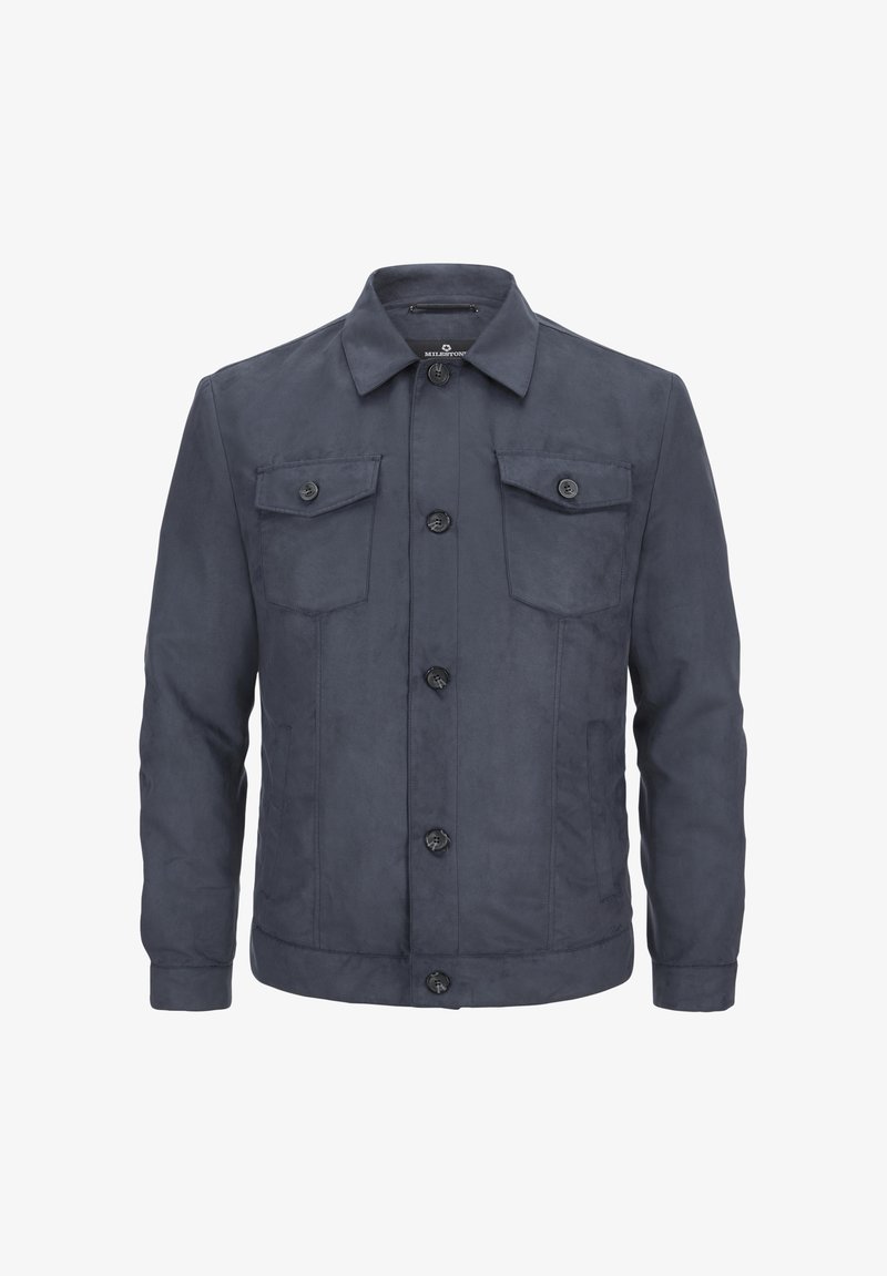 Marineblaue Jacke aus glattem Material mit Knopfverschluss, zwei Brusttaschen und einem klassischen Kragen, mit einem geraden Schnitt.