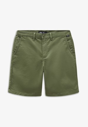 Olijfgroene shorts van lichtgewicht materiaal, voorzien van twee voorzakken en een knoopsluiting, ontworpen voor casual draag.