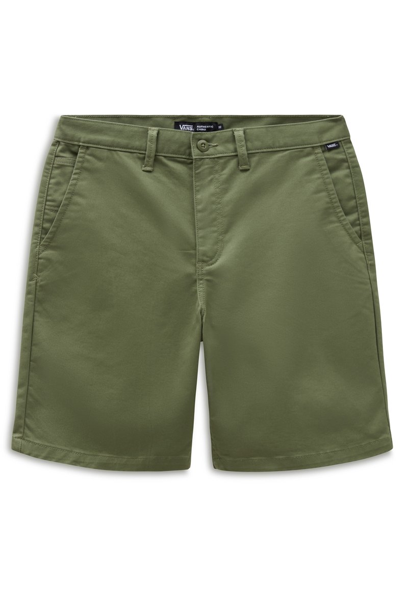 Olivgrüne Shorts aus leichtem Material, mit zwei vorderen Taschen und einem Knopfverschluss, entworfen für die Freizeit.
