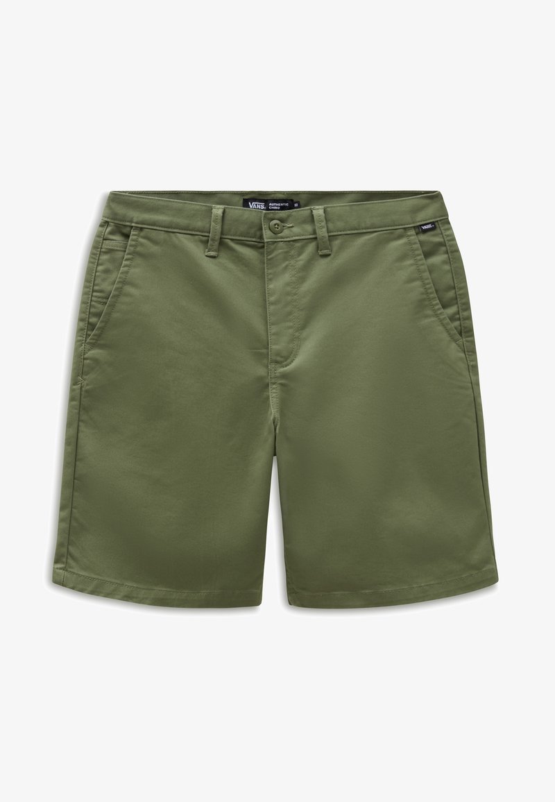 Olivgrüne Shorts aus leichtem Material, mit zwei vorderen Taschen und einem Knopfverschluss, entworfen für die Freizeit.