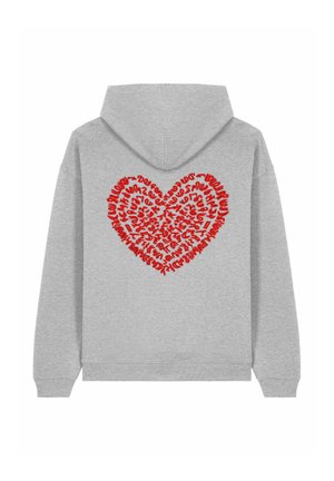 Sweat à capuche gris avec un grand motif de cœur au dos, rempli de motifs de texte rouge complexes. Tissu doux avec une coupe décontractée.