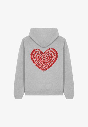 Šedá mikina s kapucňou, na chrbte s veľkým srdcovým dizajnom, vyplneným zložitými červenými textovými vzormi. Mäkká tkanina s pohodlným strihom.