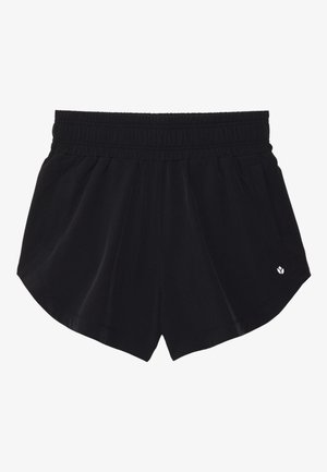 Short de sport noir avec taille élastique, poches latérales, ourlets arrondis et petit logo blanc en bas à droite.