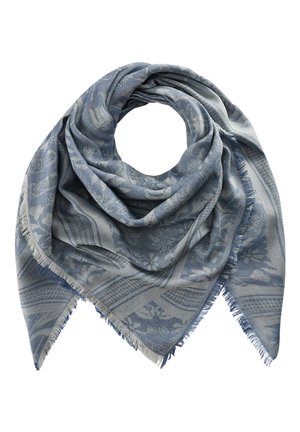 Écharpe triangulaire bleue et grise avec des motifs floraux et géométriques, tissu doux et bords frangés.