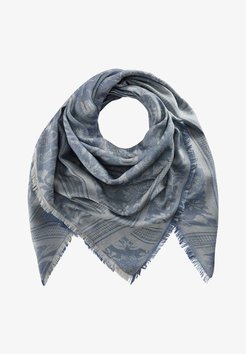 Écharpe triangulaire bleue et grise avec des motifs floraux et géométriques, tissu doux et bords frangés.