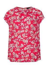 Rode bloemenblouse met korte mouwen, voorzien van een geplooide halslijn en een keyhole-detail aan de achterkant. De stof toont een bloemenpatroon met groene bladeren.