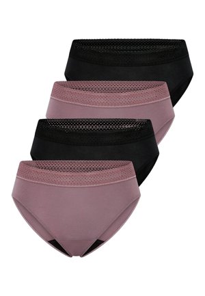 Cztery damskie majtki z wysokim stanem w kolorze czarnym i fioletowym, z szerokimi koronkowymi pasami w talii, ułożone na przemian w różnych kolorach.