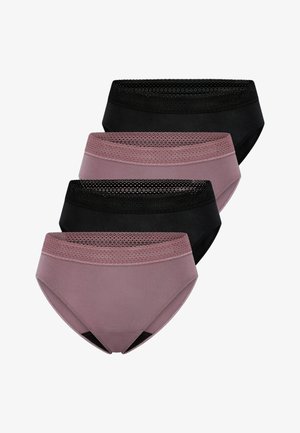 Quatre culottes taille haute pour femmes en noir et mauve avec de larges bandes de dentelle à la taille, disposées en couleurs alternées.