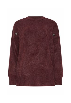 Bordeaux geribbelde trui met lange mouwen, ronde halslijn en zilveren knoopaccenten op de schouders. Zachte textuur, comfortabele pasvorm.