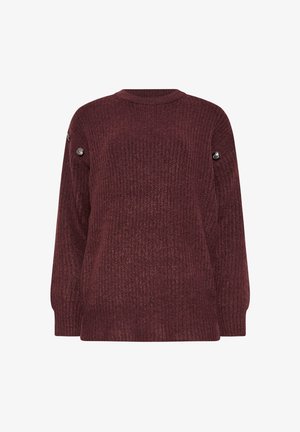 Bordeaux geribbelde trui met lange mouwen, ronde halslijn en zilveren knoopaccenten op de schouders. Zachte textuur, comfortabele pasvorm.