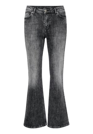 Schwarze ausgestellte Denim-Jeans mit einem ausgewaschenen Look, klassischem Fünf-Taschen-Design, Reißverschluss mit Druckknopfverschluss und dezenten Steppdetails.