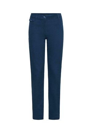 Sötétkék, slim fit szabású nadrág kevert pamut anyagból, gombos záródással, övhurkokkal és oldalsó zsebekkel. Simább textúrájú, egyenes szárú kialakítás.