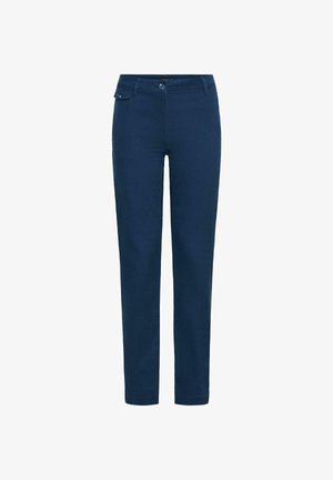 Pantalones slim-fit azul marino hechos de una mezcla de algodón, con cierre de botón, pasadores para cinturón y bolsillos laterales. Textura suave, diseño de pierna recta.