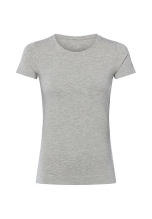 Light gray short sleeve fitted t-shirt with crew neck made of soft, heathered fabric.