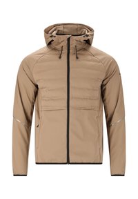Beige isolierte Jacke mit Kapuze, Frontreißverschluss, zwei seitlichen Taschen und reflektierenden Akzenten an den Ärmeln für bessere Sichtbarkeit. Glatte Textur.
