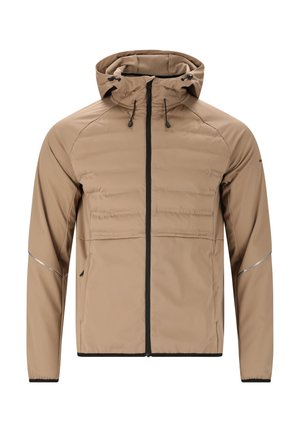 Beige isolerad jacka med huva, framdragkedja, två sidofickor och reflektionsdetaljer på ärmarna för synlighet. Slät textur.