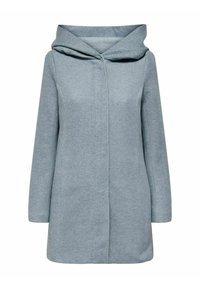 Abrigo gris con capucha hecho de tela texturizada. Cuenta con mangas largas, un corte recto y un cierre delantero sin sujetadores visibles.