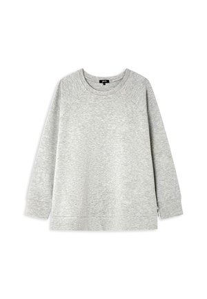 Šedá mikina s kulatým výstřihem a dlouhými raglánovými rukávy. Vyrobena z měkké, texturované tkaniny; má boční rozparky na spodním lemu pro zvýšené pohodlí.