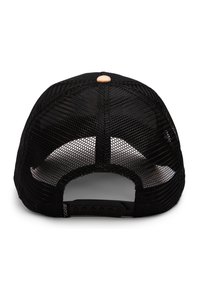 Crna mrežasta snapback kapa s čvrstim vizirjem. Ima bež gumb na vrhu i podesivu traku straga.