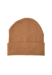 Berretto lavorato a maglia marrone con una texture morbida, parte superiore arrotondata e risvolto a coste. Il materiale sembra caldo e accogliente senza loghi o pattern visibili.